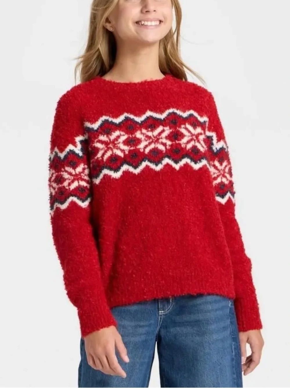 Art Class Girls' Fair Isle Boucle Holiday Sweater Red Large L (10/12) New NWT